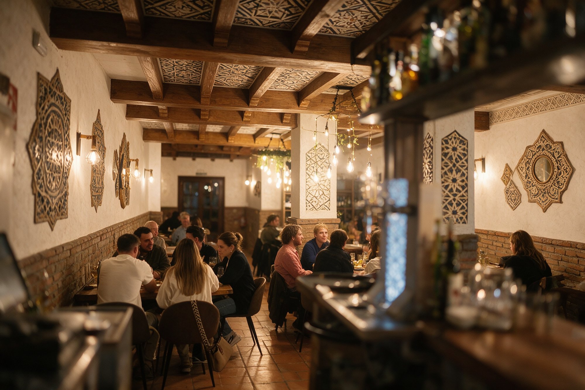 Interior del restaurante Mogador con detalles marroquíes: zellige, madera tallada y luz cálida
