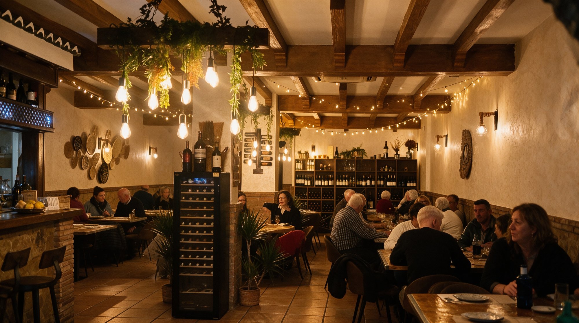 Salón de Mogador al caer la noche con luces de cadena y madera tallada