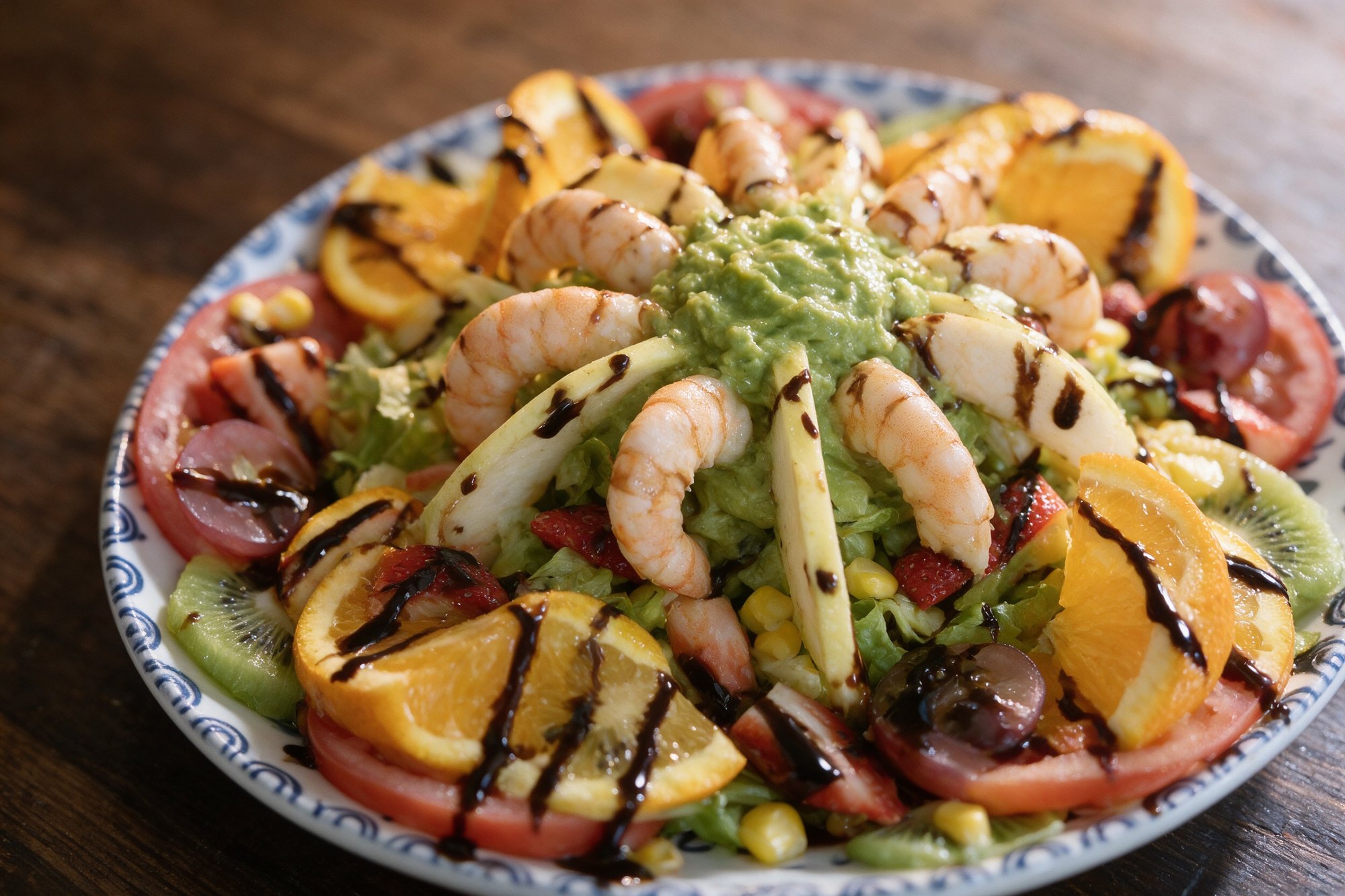 Ensalada de aguacate con langostinos, crema de aguacate y dados de fruta