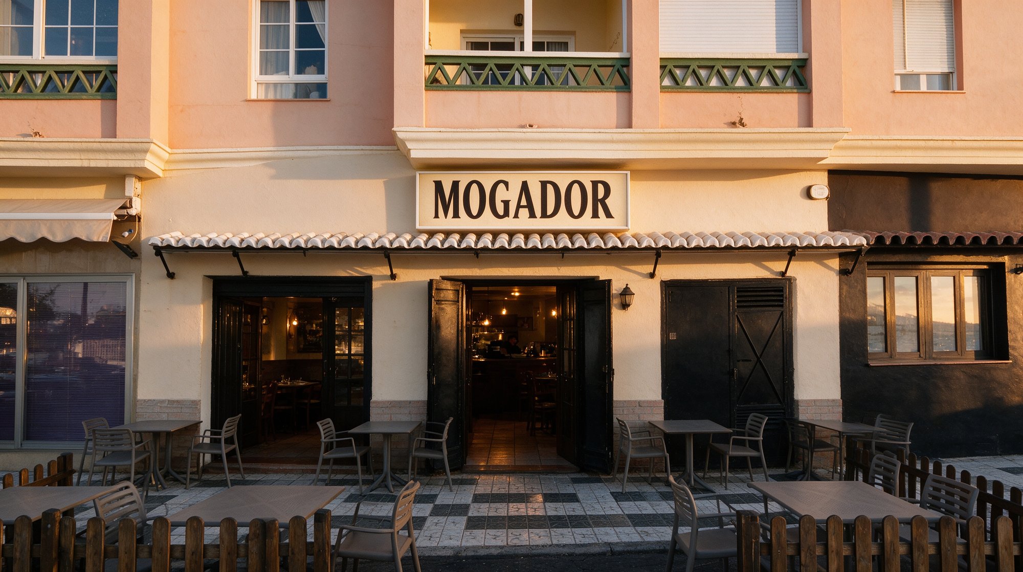 Fachada del Restaurante Mogador en Nerja de noche, con el cartel iluminado sobre la entrada